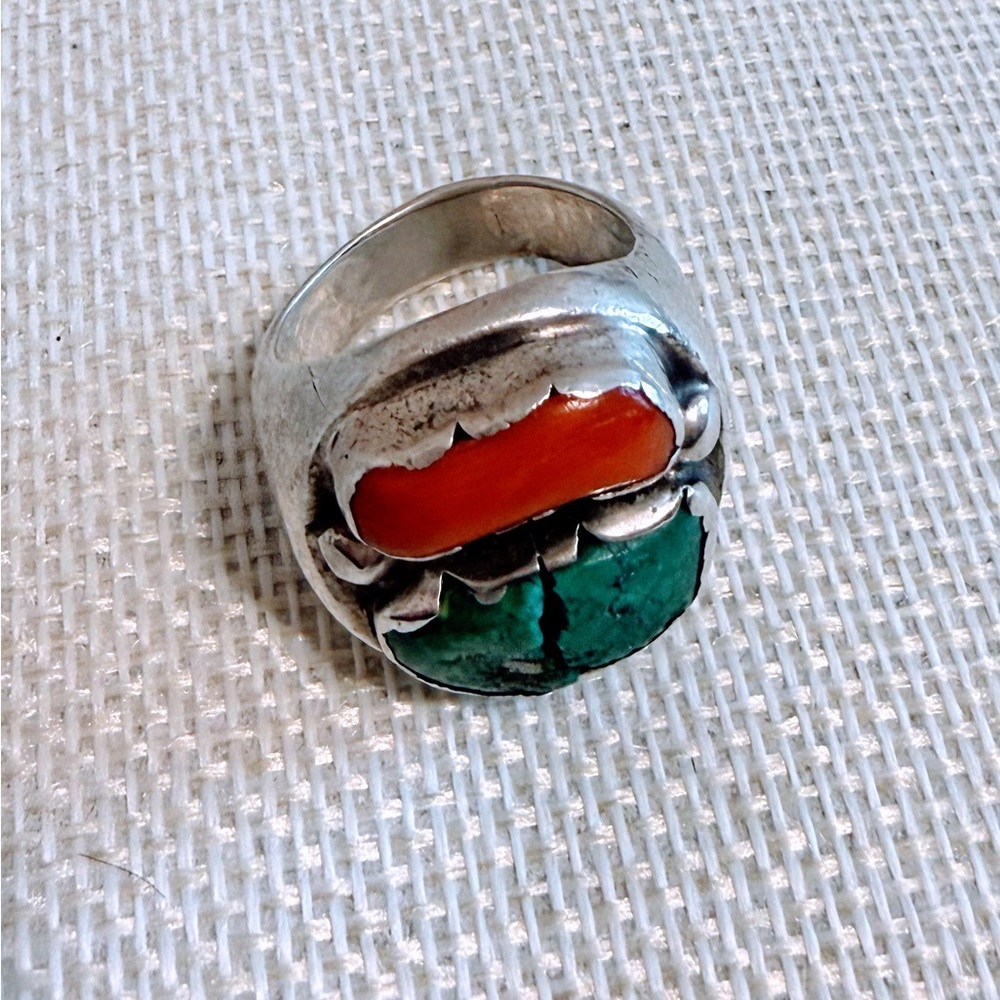 Vintage Navajo Sterling Silver, Coral & Turquoise Ring Size 10. Unisex